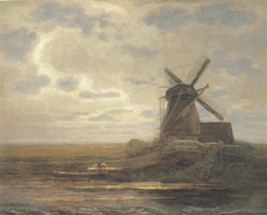 Oostzijdse mill with panoramic sunset, mill at right by Piet Mondrian