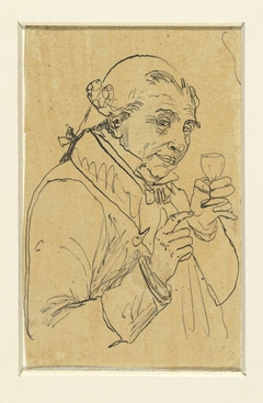 Oud heertje in 18e eeuws kostuum, in de linkerhand een glas wijn heffend by Rodolphe Bresdin