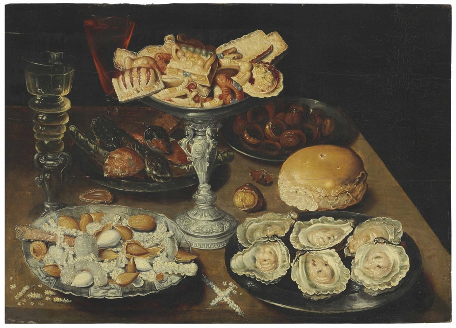 Oysters on a pewter plate with sweetmeats and biscuits in a silver tazza, chestnuts, nuts, and two façon-de-Venise wine glasses on a wooden table