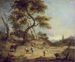 Paysage campagnard avec des personnages occupés à des travaux agricoles by Francesco Guardi