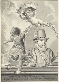 Portret van Maurits, prins van Oranje-Nassau, met daarboven een putto by Jan Stolker