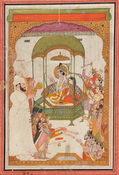 Raja Anirudh Chand and sage Tulsidasa paying homage to Rama and Sita by Anonymous