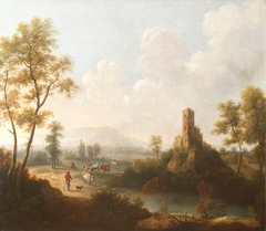 River Landscape with Ruined Tower and Herdsmen with Cattle by John Anderson