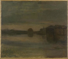 Riverscape in the evening, buildings at right by Piet Mondrian