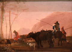 Shepherds and herd in a mountainous landscape