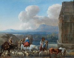 Shepherds and travellers by a triumphal arch in the Roman Campagna