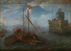 Southern harbor with fortifications and a galley by Gaspar van Eyck