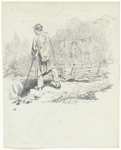 Staande man met tas op de rug in landschap by Pieter van Loon