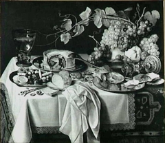 Still life of a laid table with rummer, pie, and fruit