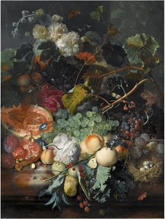 Still life of fruit upon a marble ledge, a bird's nest to the right and a basket of flowers above, insects throughout by Jan van Huysum