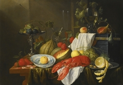 Still life with a lobster, peaches, Wanli dishes holding an orange, grapes, melons, plums, figs, shrimp, tazza, Venetian glass, casket, and rummer of wine, all on a table by Jan Davidsz. de Heem