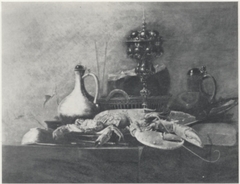 Still life with columbine cup, stone ware jug and lobster