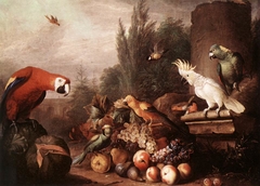 Still-life with Fruits, Parrots and White Cockatoo