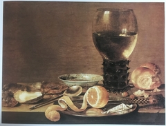 Still Life with Rummer, Oysters, Lemon and Pepper, Soup and Spoon, Knife and Nuts by Willem Claesz Heda