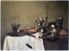 Still life with upturned Jan Steen pitcher, crab, and drinking vessels