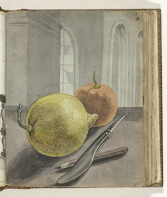 Stilleven met vruchten, mes en potlood. by Jan Brandes