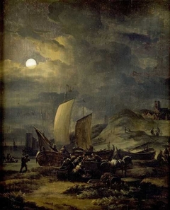 Strand met vissersboten bij maanlicht by Egbert van der Poel