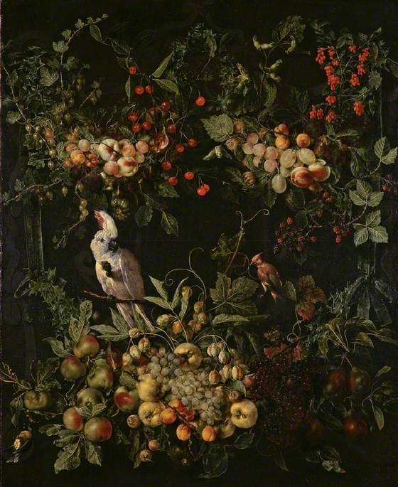Swags of fruit and flowers surrounding a cartouche with a sulphur-crested cockatoo