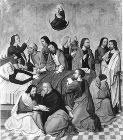 Tafeln eines Flügelaltares: Tod Mariens Rückseite: Predigt Johannes d. T. (Werkstatt des Meisters der Georgsl