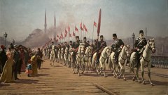 The Imperial Regiment of the Ertugrul on the Galata Bridge by Fausto Zonaro
