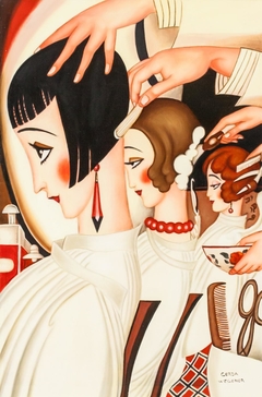 Three Women Sitting in a Row at a Hair Salon by Gerda Wegener