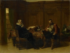 Twee mannen in een zeventiende-eeuws interieur, genaamd 'Eene conferentie' by Lambertus Lingeman