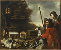Two huntsmen with dogs and trophies by Anthonie Leemans