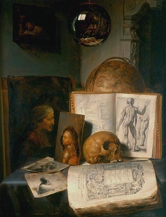 Vanitas still life with skull, books, prints and paintings by Rembrandt and Jan Lievens, with a reflection of the painter at work