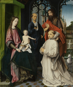 Virgin and Child Enthroned, with Saints Jerome and John the Baptist and a Carthusian Monk