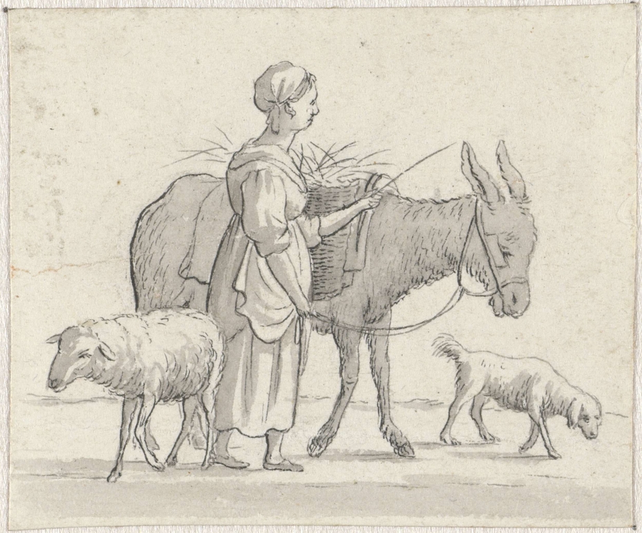 Vrouw met ezel, schaap en hond