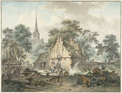 Watermolen en dorpskerk by Hendrik Meijer