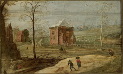 Winter landscape in the countryside with a building by Joos de Momper the Younger