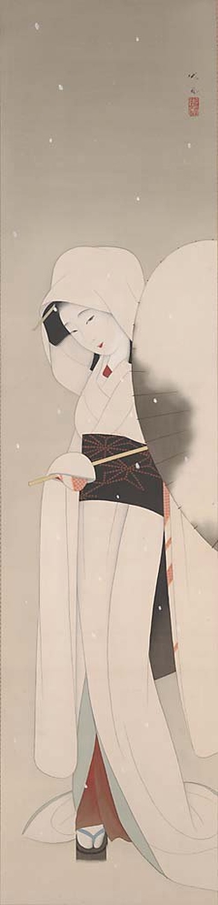Woman with Parasol in Falling Snow by Mori Ippō