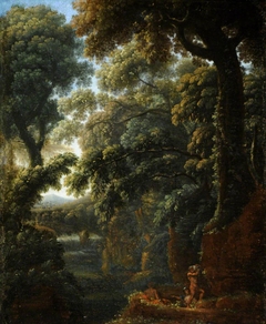 Wooded Landscape with Figures bathing by a Cascade by Anonymous