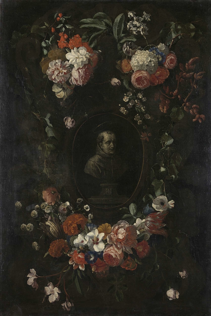 Wreath of Flowers encircling a Portrait of Hieronymus van Weert, Martyr of Gorkum