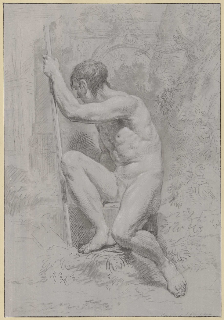 Zittend mannelijk naakt, met een stok, naar links gedraaid