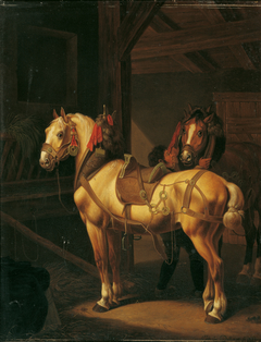 Zwei Zugpferde im Stall by Johann Baptist Dallinger von Dalling