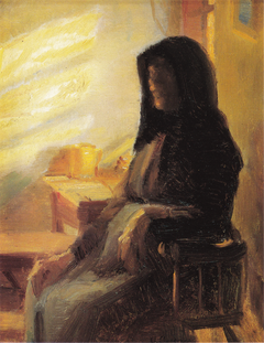 A blind woman in her room. Study