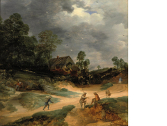A dune landscape with figures and pigs on a track near a cottage by Lodewijk de Vadder