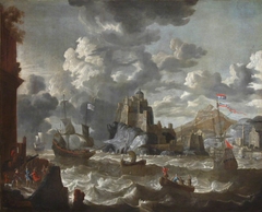 A Mediterranean Port  Scene with Shipping in Choppy Seas and with Fort in the centre by Peter van de Velde