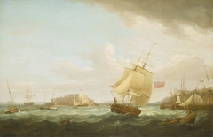 A merchantman and other vessels off Castle Cornet, Guernsey by Thomas Whitcombe