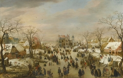 A panoramic Winter landscape with a multitude of figures on a frozen river