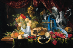 A pie and a partly peeled lemon with crayfish and shrimp in a kraak porcelain bowl, fruit and ewer on a table by Jan Davidsz. de Heem