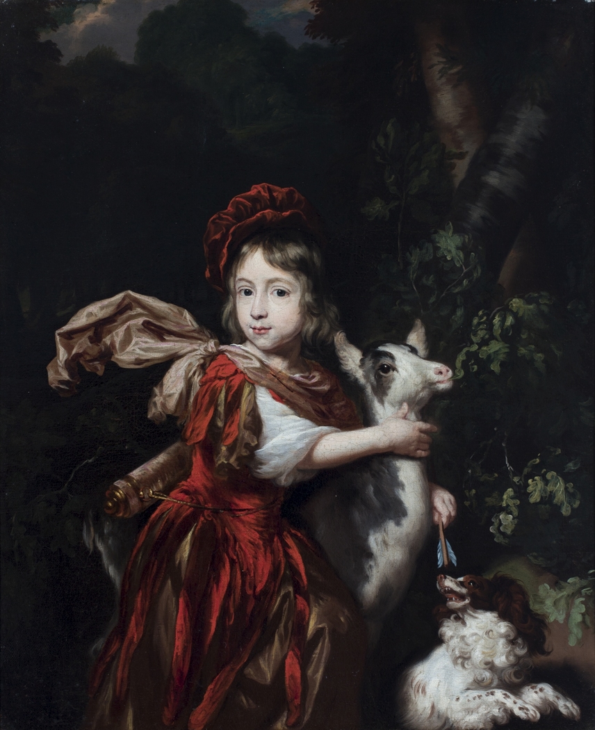 A Portrait of a young Boy dressed as a Hunter with a Goat and a Dog