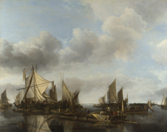 A River Scene with a Large Ferry by Jan van de Cappelle
