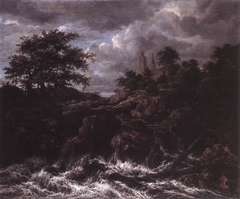 A Waterfall with church and trees by Jacob van Ruisdael