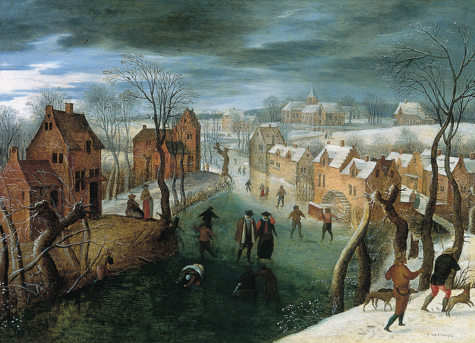 A Winter Landscape with a Village, Skaters on a Frozen River, and  Hunters in the Foreground