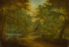 A Wooded Landscape with a Stream and a Fisherman by Thomas Smith