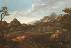 An Extensive Classical Landscape with a Man on a Path and a Coastline beyond by Anonymous