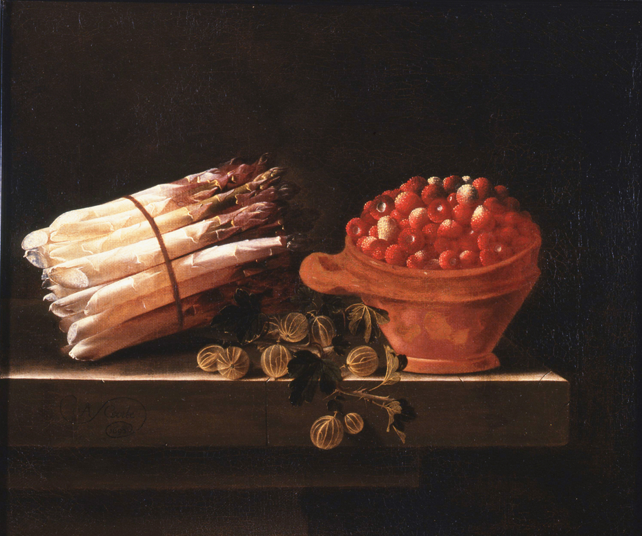 Asparagus, Gooseberries and Strawberries on a Stone Ledge